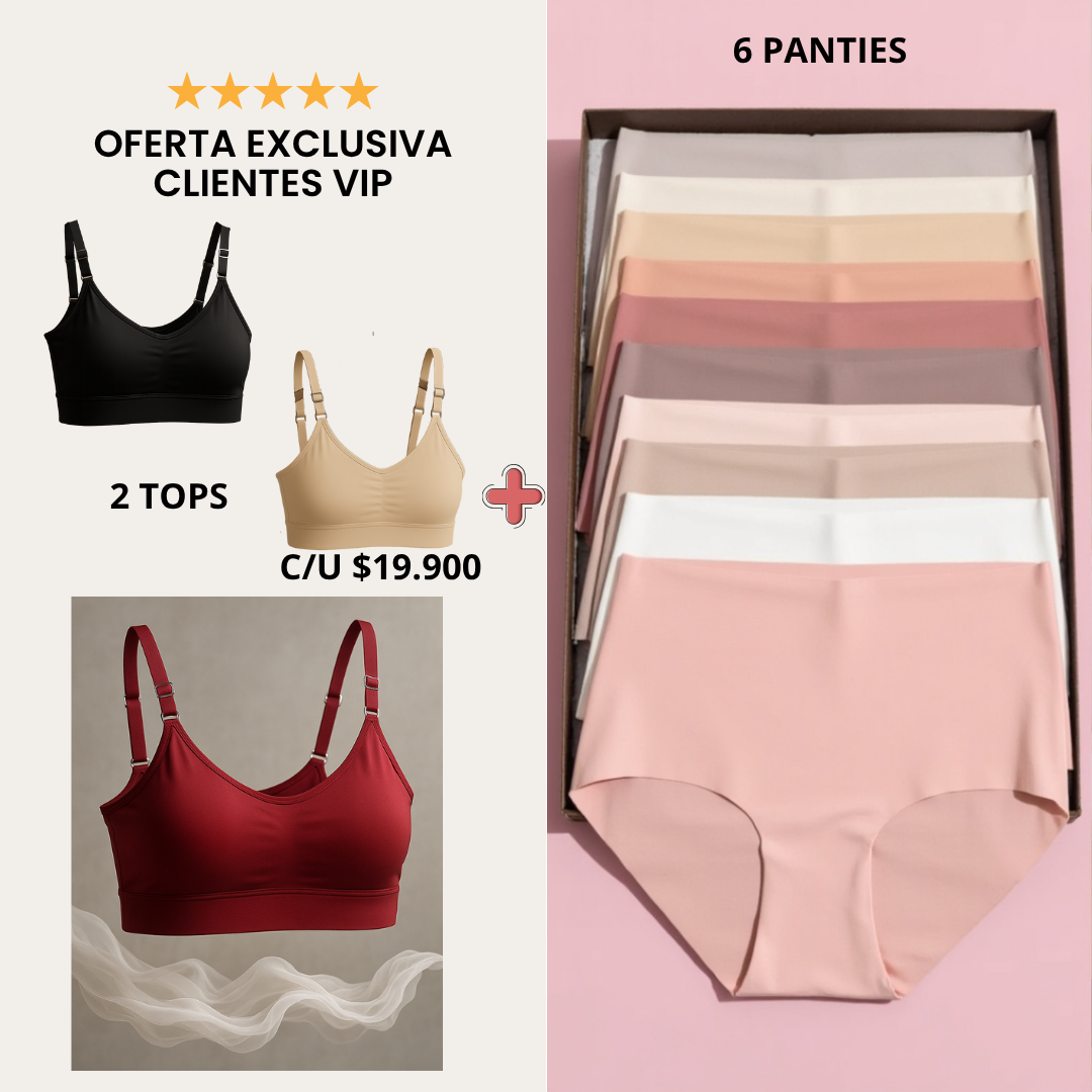 2 top + 1 pack de 6 panties tiro alto